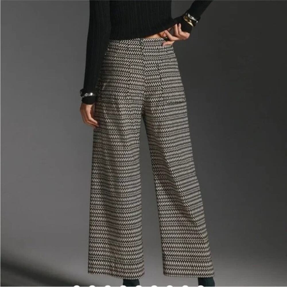 Anthropologie Maeve Colette Cropped Wide Leg Pants | Black‎ White Print | SZ 33T - Picture 2 of 13